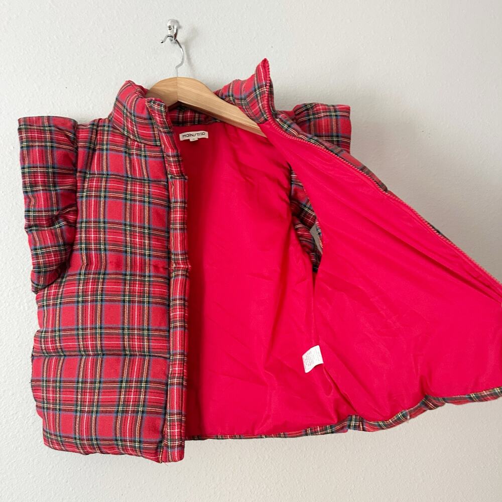 Plaid Red Puffer Vest with Ruffle Shoulders - Picture 6 of 9